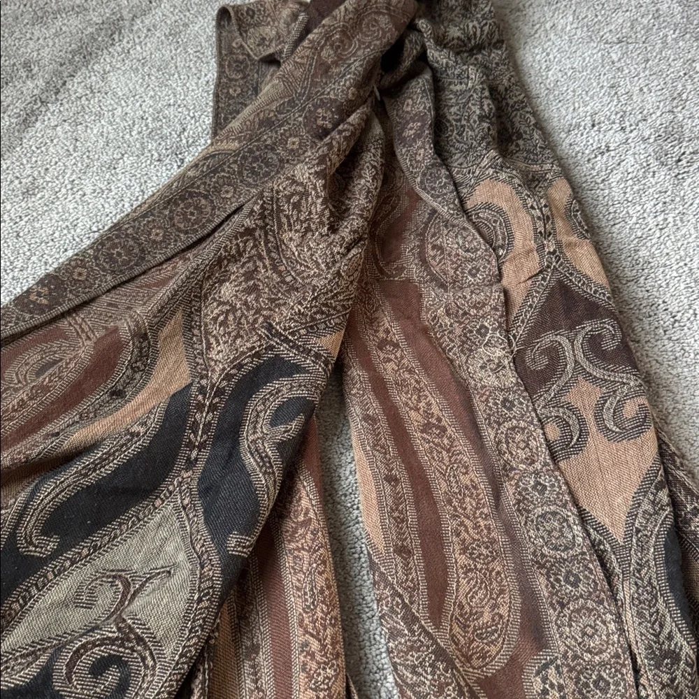 Croft & Barrow Brown Paisley Scarf Fringe Wrap Boho Lightweight Shawl OS